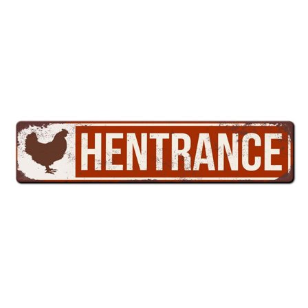 Hentrance Funny Chicken Coop Door Sign Cute Chicken Coop Sign Hen House Entrance Sign Chicken Farmhouse Sign Metal Outdoor Sign Size: 4 x 16 Inch