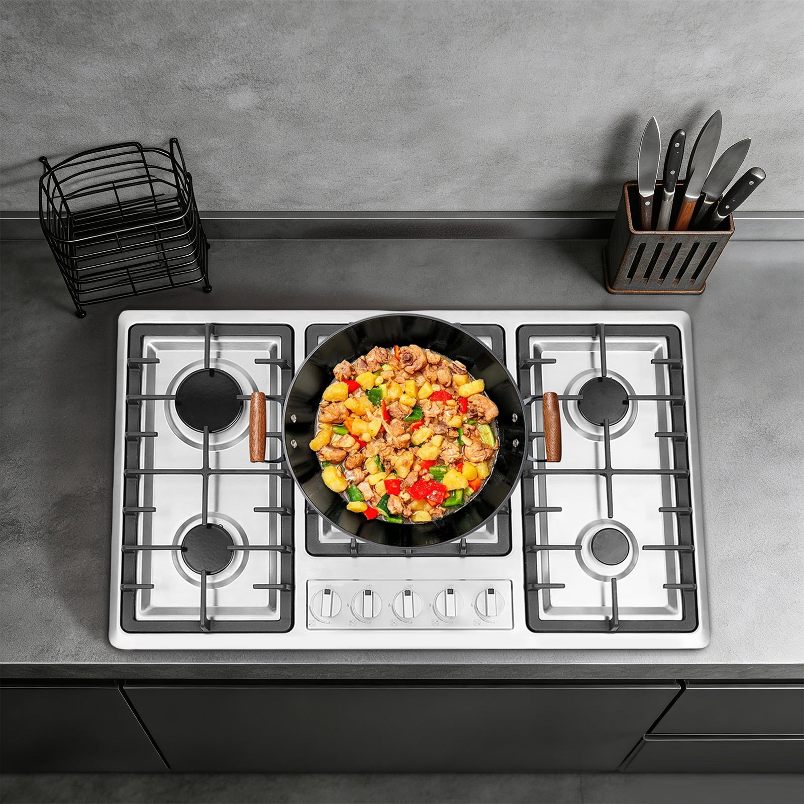 1 PCS 5 Burner Gas Stove, 5-Burner Gas Cooktop, Stainless Steel Gas Stove, used in home kitchens or commercial kitchens such as restaurants and hotels