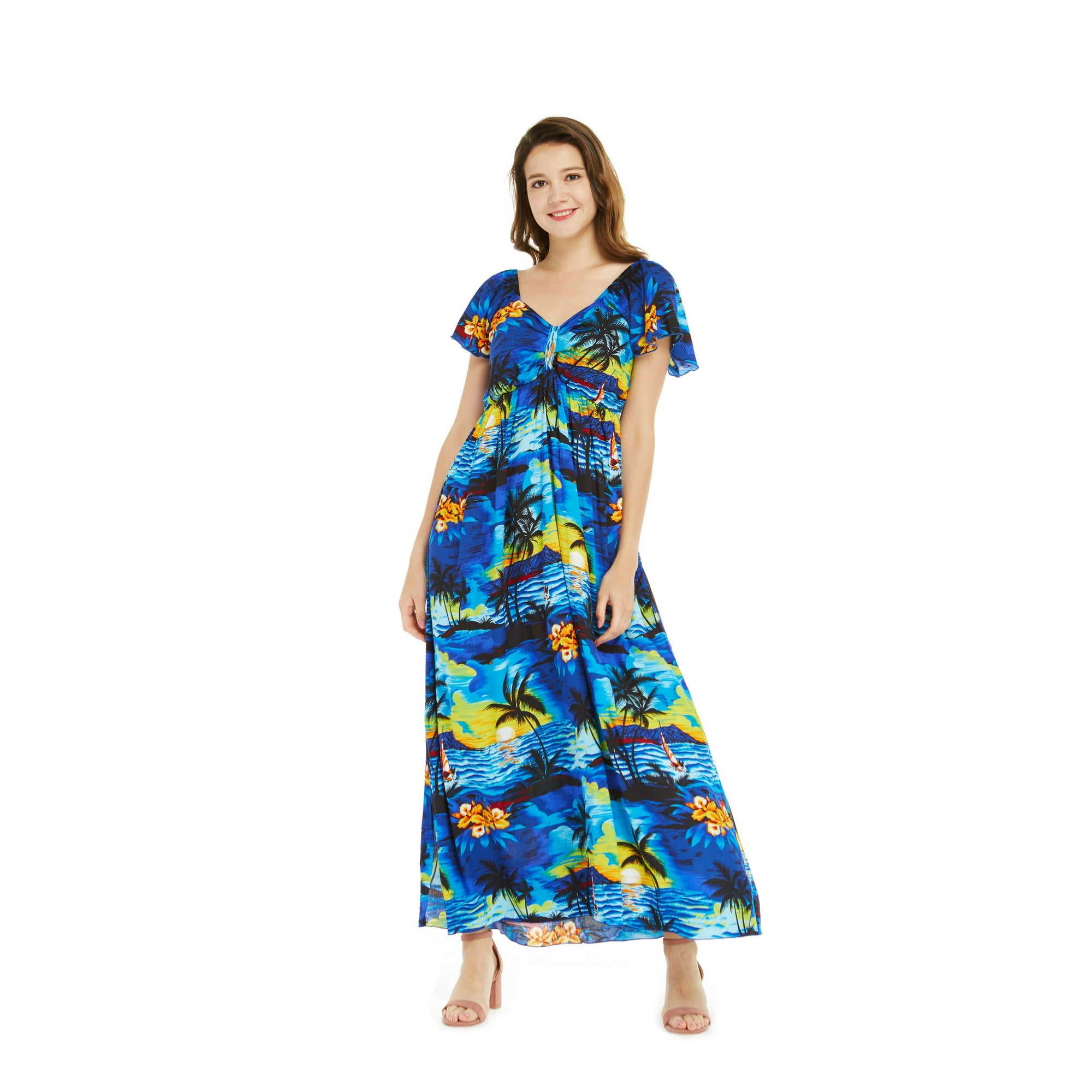 Women s Hawaiian Maxi Ruffle Sleeve Dress Sunset Blue