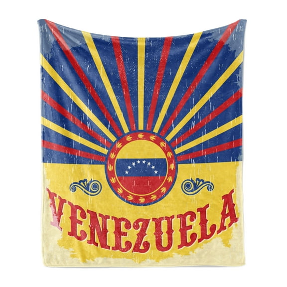 Venezuela Soft Flannel Fleece Throw Blanket, Grunge Map with Typography and Sunburst Effect, Cozy Plush for Indoor and Outdoor Use, 60" x 80", Multicolor, by Ambesonne