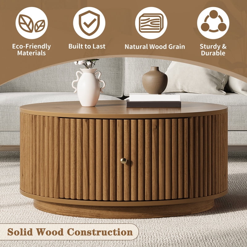 30.3'' Round Fluted Design Coffee Table with Dual Hidden Storage Drawers, Drum Base Center Cocktail Table