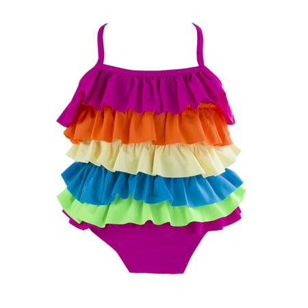 Styles I Love Kid Girls Cute Rainbow Ruffle Layer One-Piece Adjustable Straps Swimsuit Beach Bathing Suit (Rainbow Ruffle, L/4-5 Years)