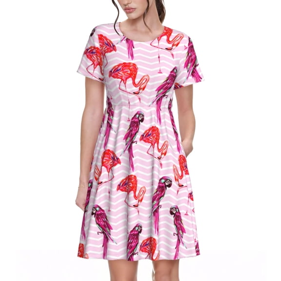 Spring Summer Dresses for Women 2025 - Striped Parakeet Flamingo Pink Wedding Guest Dresses, Beach Vacation Clothes, Hawaiian Sundresses Casual Short Sleeve Dress for Women with Pockets