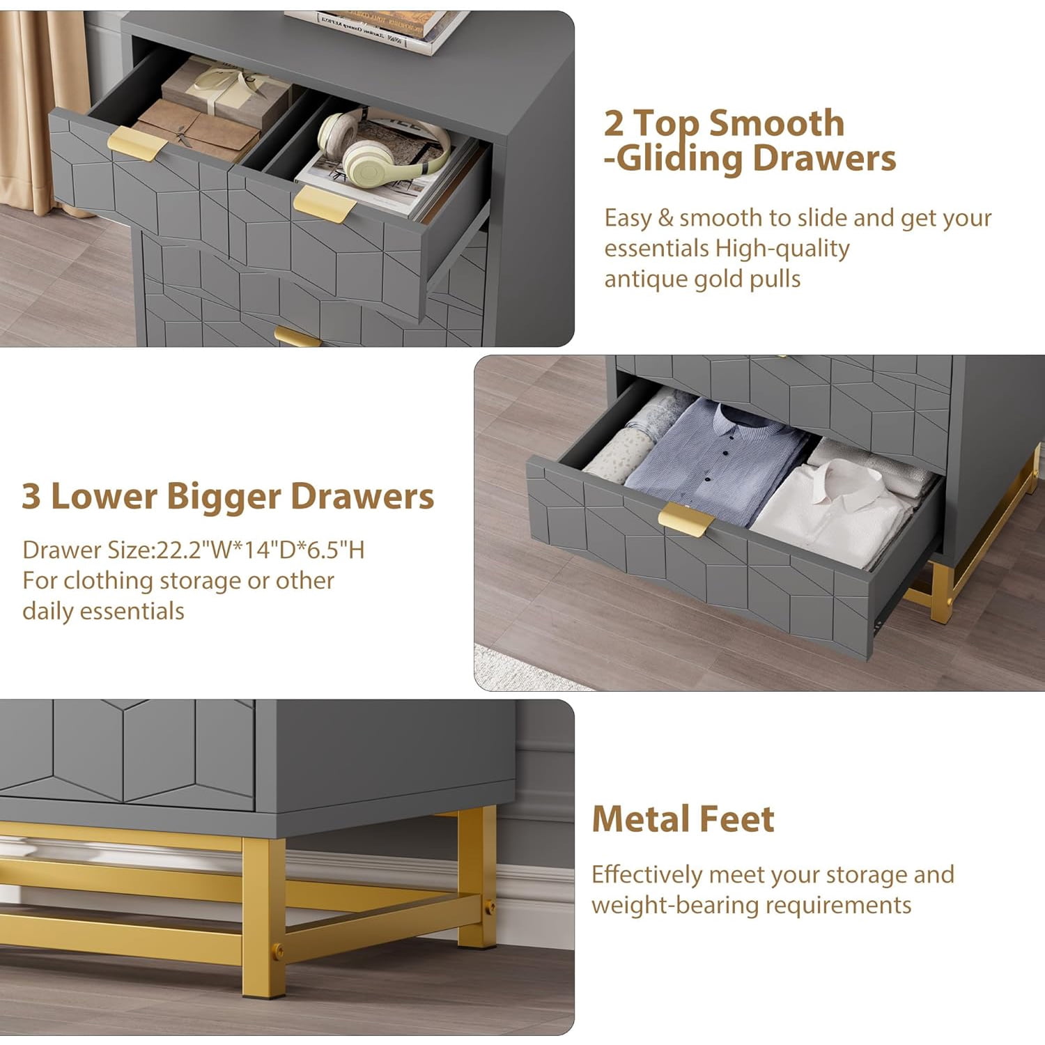 Modern 5-Drawer Dresser with Gold Metal Legs, Grey Stylish Storage Chest for Bedroom, Closet or Living Room