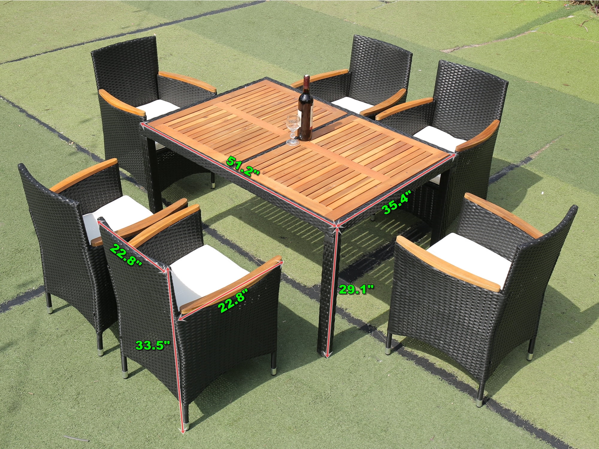 7 Piece Outdoor Patio Dining Set Outdoor Wicker Dining Furniture Set with Brown Rattan Dining Table and Chairs, Beige Cushions