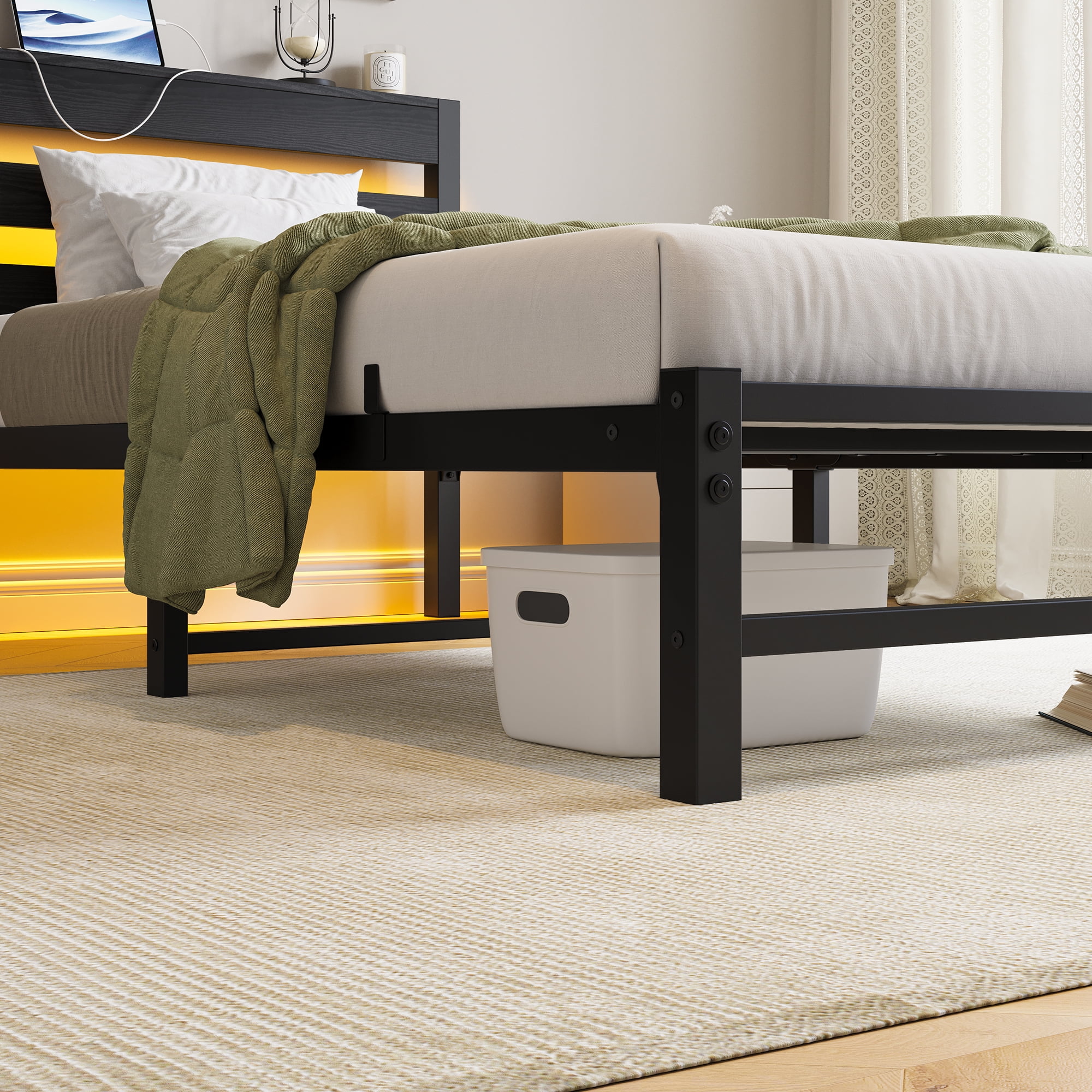 Yoneston Twin Size Bed Frame with LED Night Storage Headboard and USB Charging Station, 11" Black Duty Metal Platform Bed for Kids Childs Teens