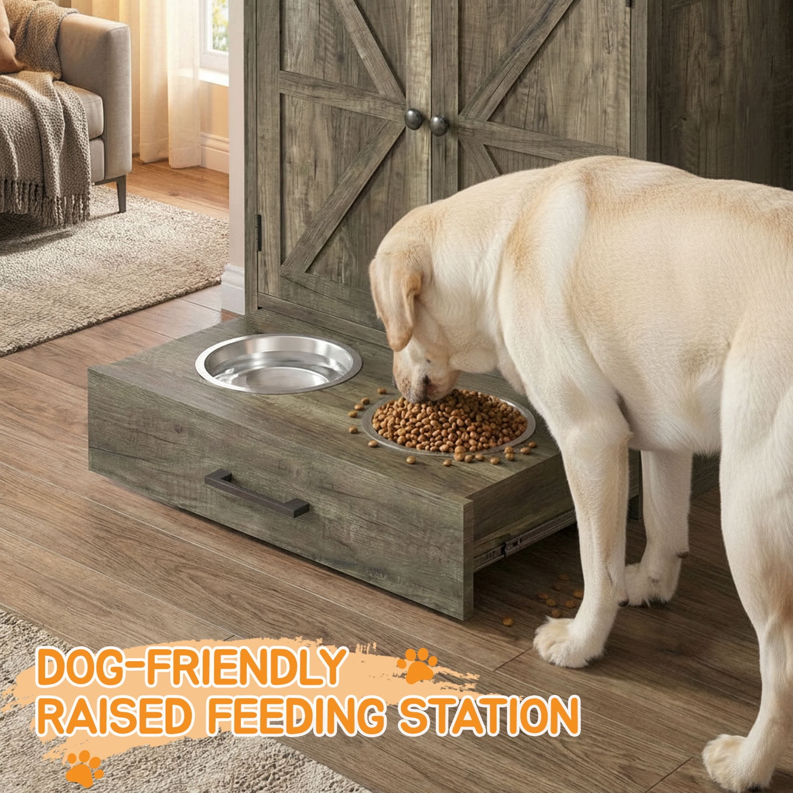 MAYEERTY Dog Feeding Station Cabinet with Elevated Bowls, Farmhouse Pet Feeder Station with Hidden Pull-Out Drawer, for Pet Supplies