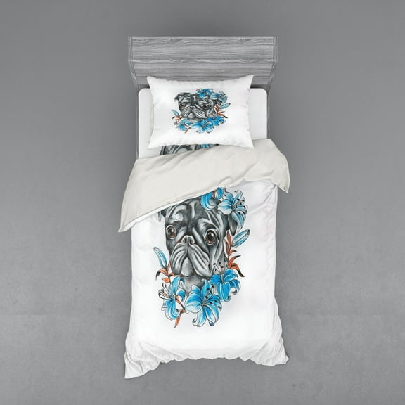 Ambesonne Pug Bedding Set 3 Pcs, Fun Dog with Flowers, Twin XL, Teal Grey