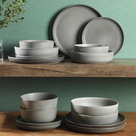 16 Piece (Service for 4) Plates and Bowls Double Bowl Reactive Glaze Dishes Stoneware Ceramic Dinnerware Set - Grey