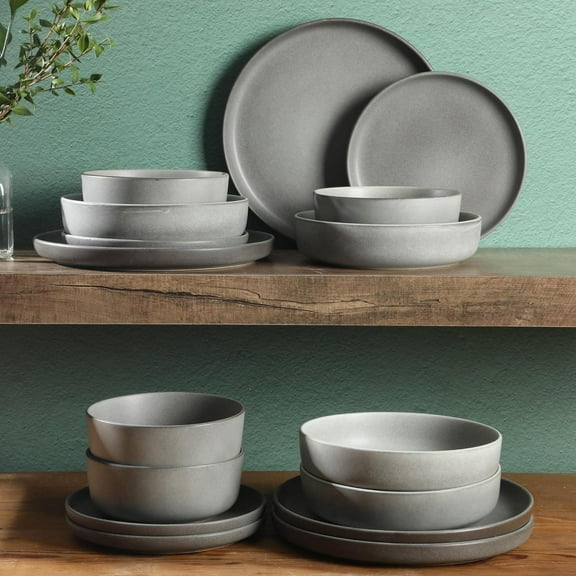 16 Piece (Service for 4) Plates and Bowls Double Bowl Reactive Glaze Dishes Stoneware Ceramic Dinnerware Set - Grey
