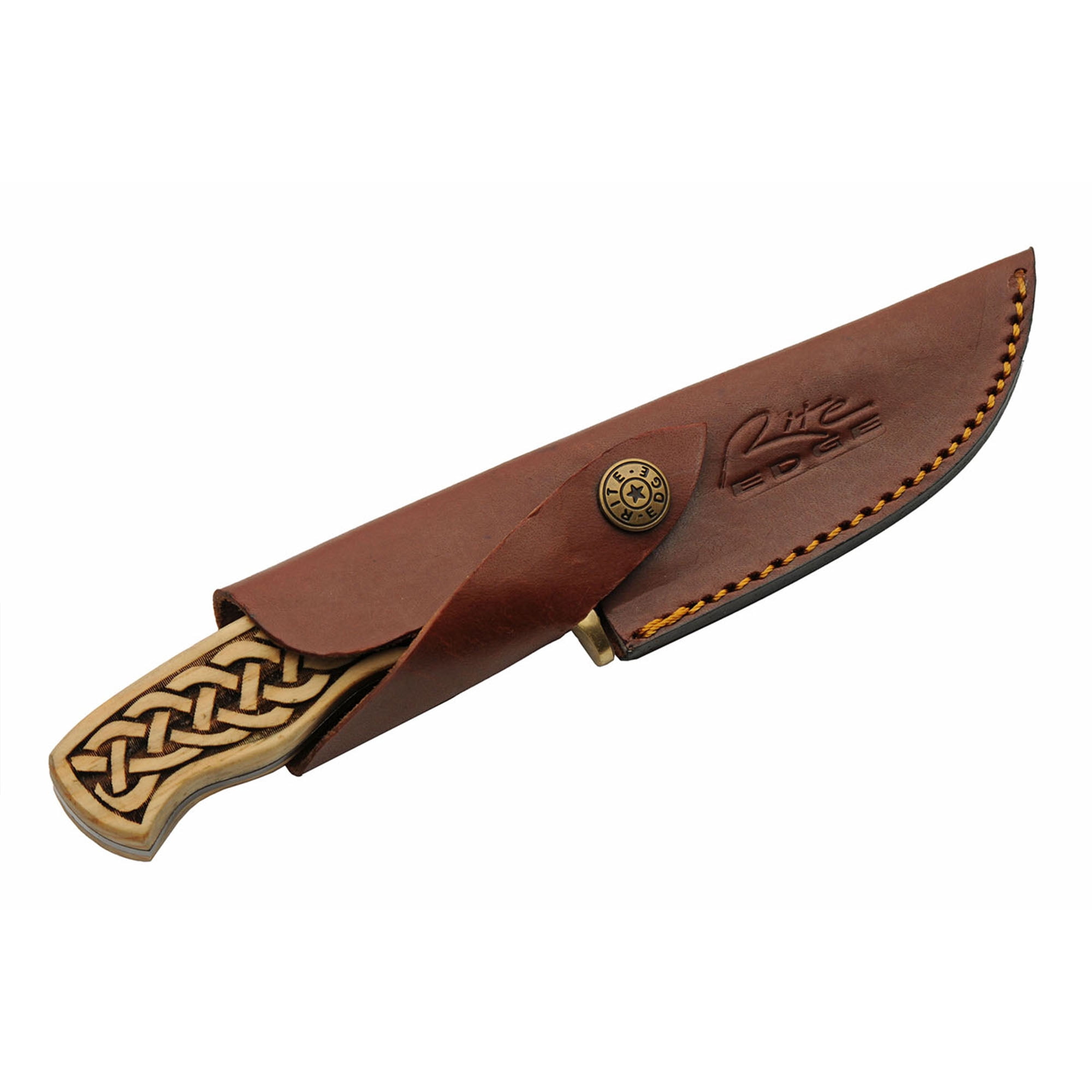 SANZ 8.25" Celtic Band Hunter Knife Damascus Steel Blade Full Tang Brass Guard Handle with Leather Sheath