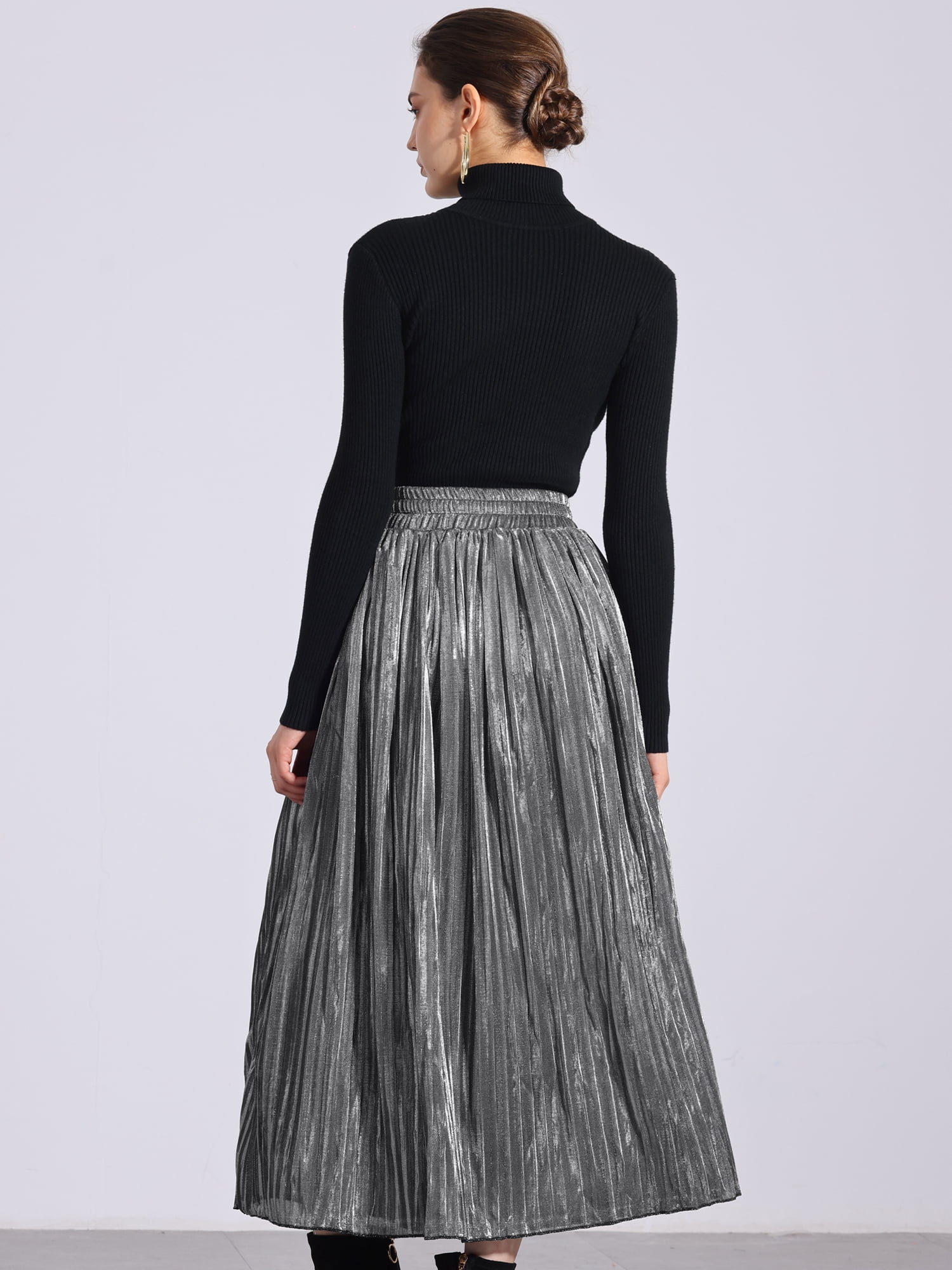 Unique Bargains Women Metallic Glitter High Waist Flared Plaeted Midi Skirt L Silver