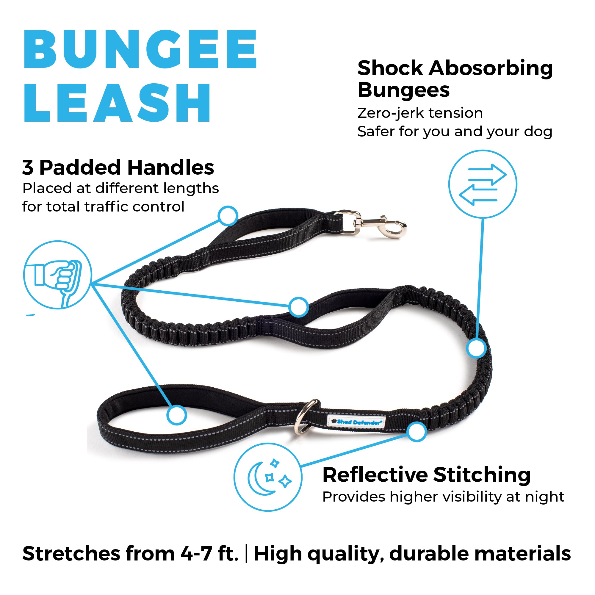 Shed Defender Shock Absorbing Bungee Leash - Three Padded Handles for Traffic Control at Different Lengths, Stretches from 4-7ft, Elastic Dog Leash, Reflective Stitching, Heavy Duty