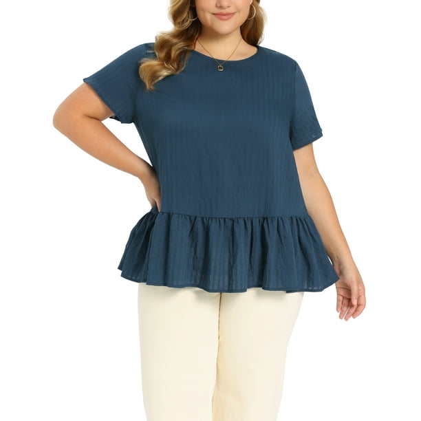 GRACE & GRANDEUR Blusas de Talla Grande para Mujeres, Tops de Peplum para el Día de la Madre y Pascua, de Manga Corta, Cuello Redondo, Sueltas, Camisas Casuales de Verano, Talla 3X, Azul Marino