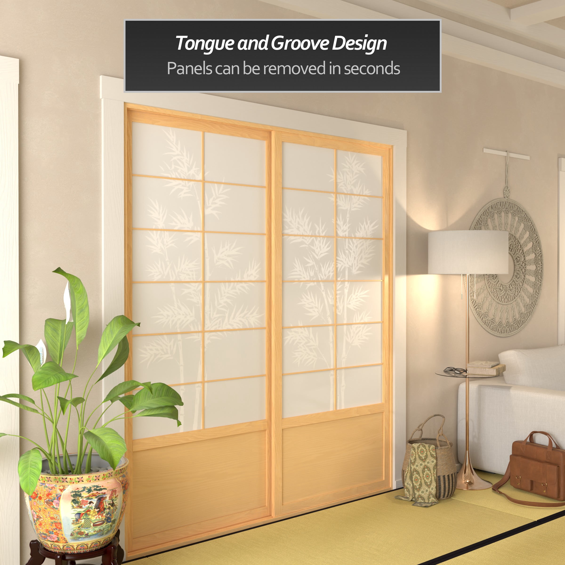 Red Lantern 7 ft. Tall Bamboo Tree Shoji Sliding Door Kit - Natural