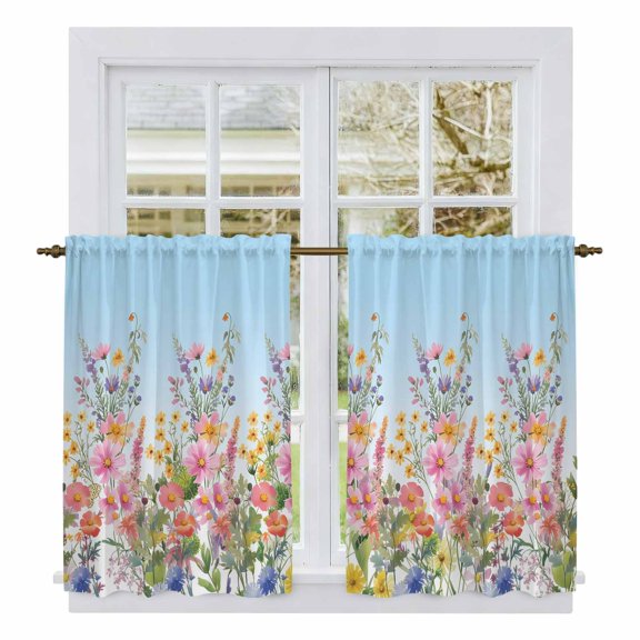 Pink Flowers Kitchen Curtain for Berdoom Living Room Cafe 54 Inch Length, Spring Floral Daisy Pastoral Botanical Sky Blue Tiers Curtains Light Filtering Drapes Window Treatment 2 Panels 52"Wx54"L