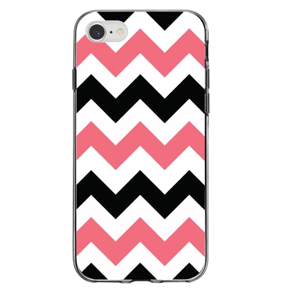 DistinctInk Clear Shockproof Hybrid Case for iPhone 7 8 SE (2020 Model) 4.7" Screen TPU Bumper Acrylic Back Tempered Glass Screen Protector - Black Pink Chevron Stripes - Chevron Stripes Pattern