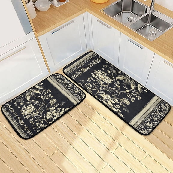Kitchen Rugs and Mats【2 PCS】Non Skid Fashion Art Flower Pattern Creative Kitchen Mat