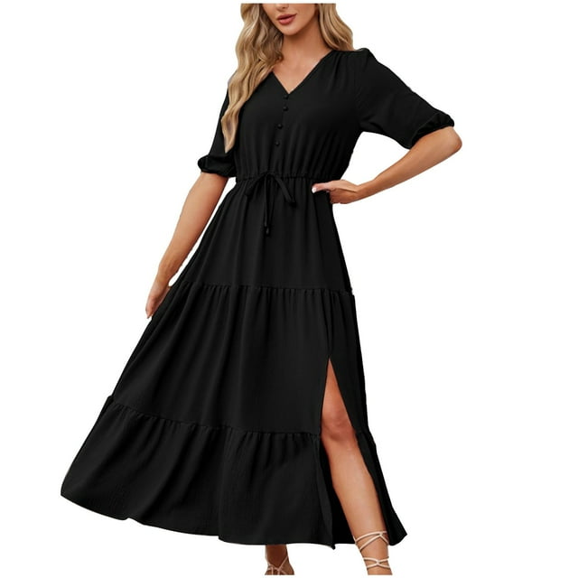 Besolor Robes Boho pour Femmes 2024 Col en V Boutons Fente Latérale Robe Maxi Manches Mi-Longues Ample Fluide Vacances