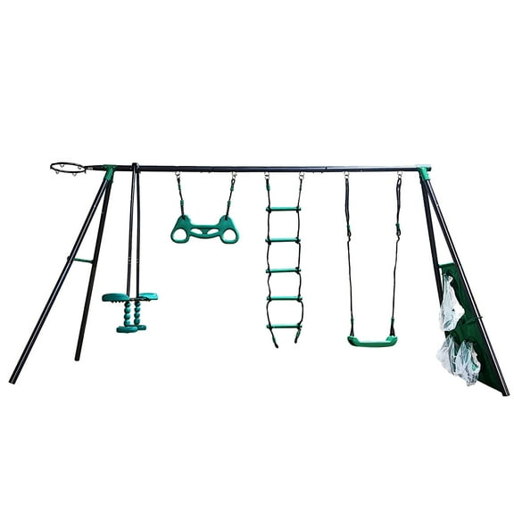6 in 1 Kids Swing Set for Backyard, SHINPT Swing Set Outdoor for Kids, Heavy Duty Swing Set with Climbing Frame, Glider, Belt Swing, Basketballhoop,Soccer Net, Hanging ring, Swing Frame Outdoor