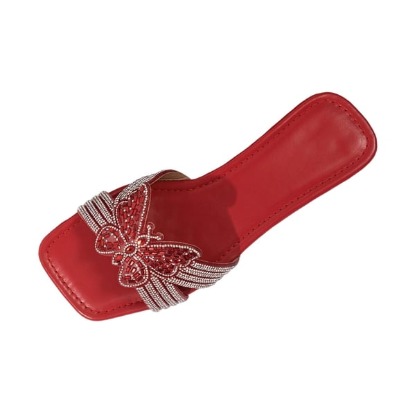 Summer Fashion Sandals For Women Casual Versatile Style Toe Rhinestone Slippers Summer Slippers Red∣ Size 5.5