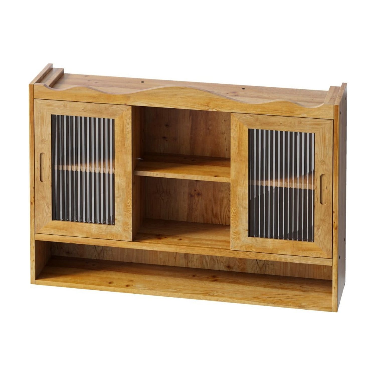 35.4" Retro Wall Mounted Storage Cabinet with 2 Sliding Glass Doors, 3 Tier Wooden Shelves, Space Saving Display Cupboard for Bathroom Kitchen Dining Room, Natural