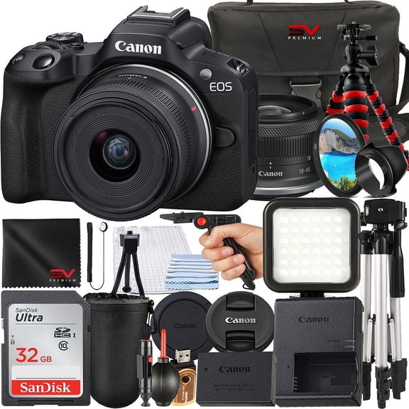 Canon EOS R50 Mirrorless Camera with RF-S 18-45mm Lens   SanDisk 32GB Memory Card   Case   UV Filter   Tripod   SV Premium Accessory Bundle