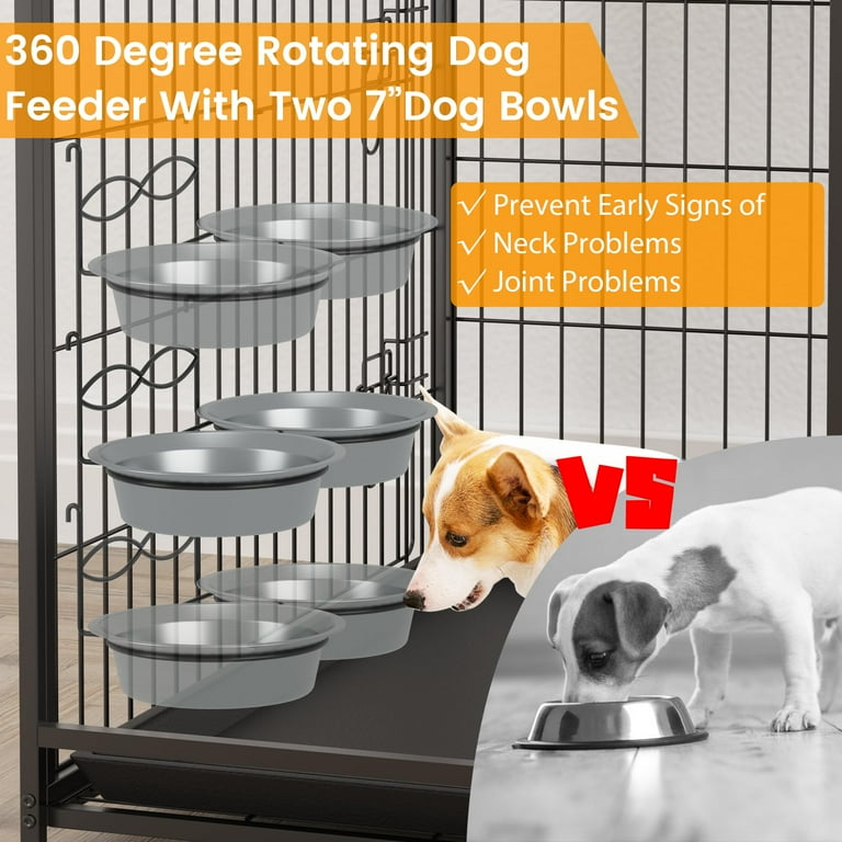 Juiluna Dog Crate Furniture with Storage Shelves Wooden Dog Kennel with Removable Tray Double Doors Modern Dog Crate Indoor Dog House with Two Adjustable Stainless Steel Bowls End Table Dog Cage Grey ...