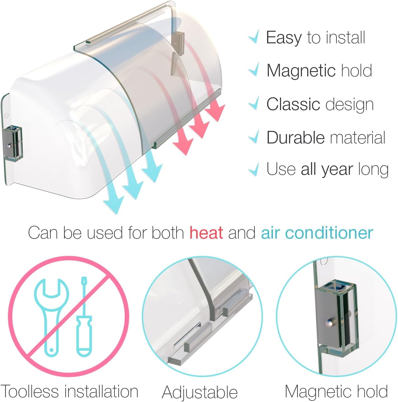 Heat and Air Vent Deflector 8.5" to 15" Magnetic Non Melting Adjustable for Vents, Sidewall, and Ceiling Registers, 2 Pack