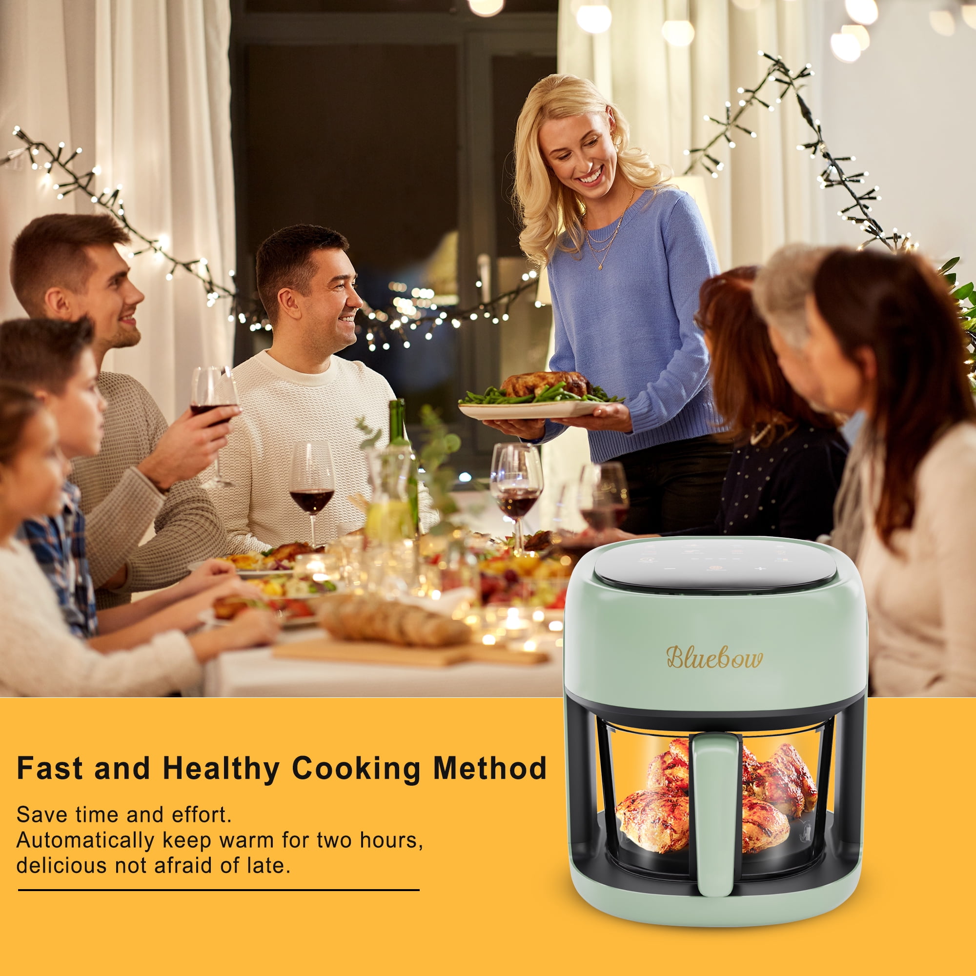 Bluebow 5 Quart Air Fryer with 360° Viewing Glass Pot, 8-in-1 Digital Touchscreen, Nonstick & Dishwasher Safe Basket, Less Oil, 1350W (Green)