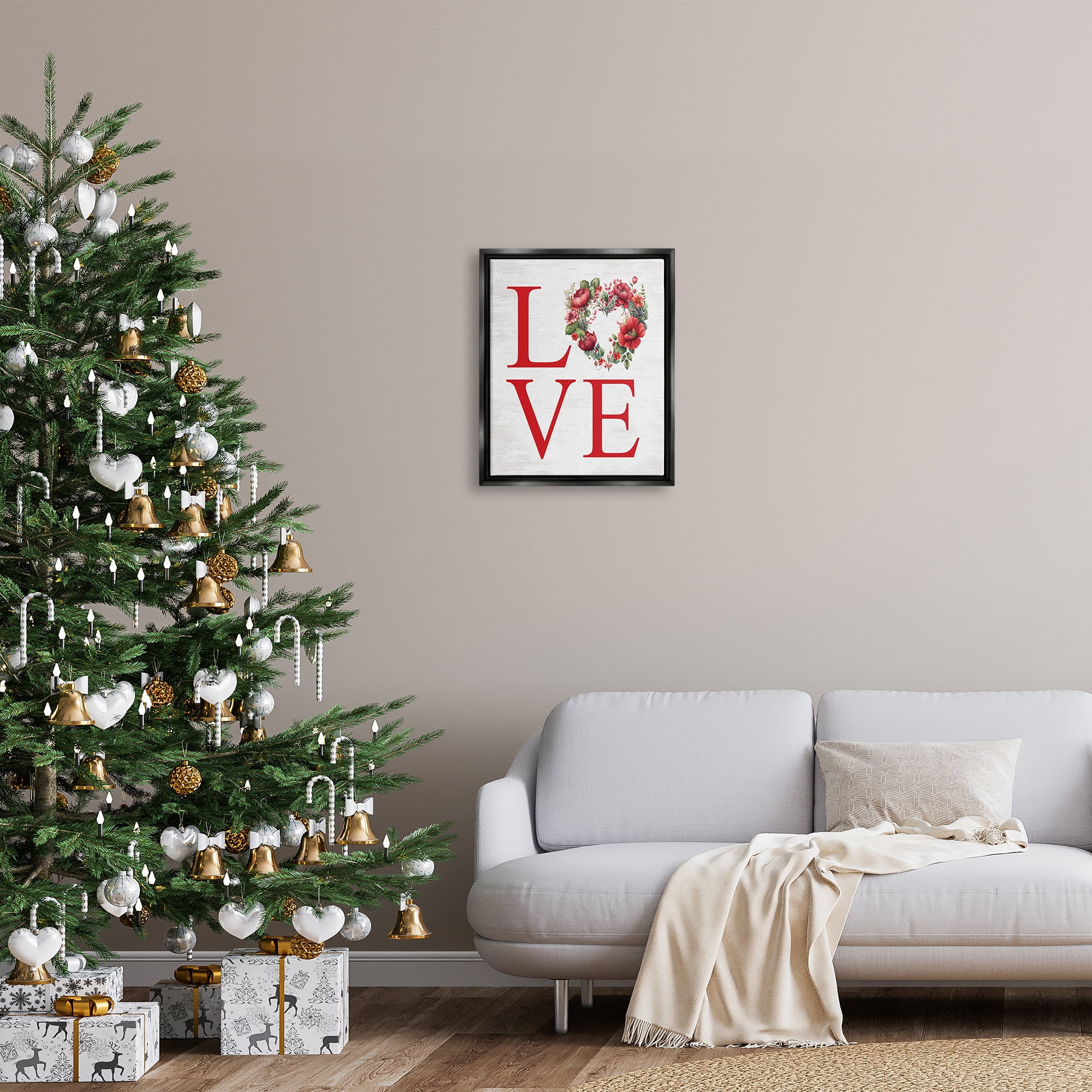 Stupell Industries Love with Heart Wreath Botanical & Floral Painting Black Floater Framed Canvas Art Print Wall Art, 17 x 21