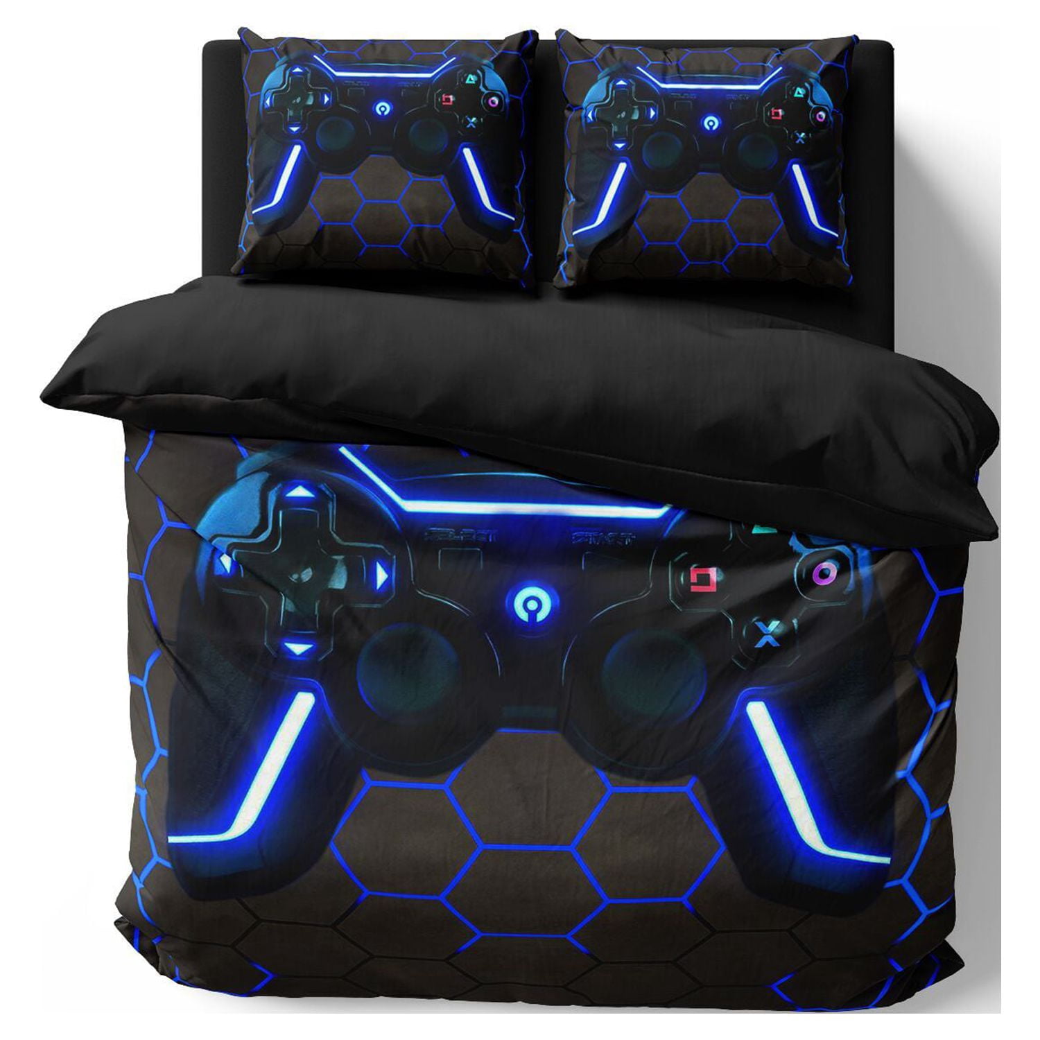 Gamer Bedding Set Queen Size Boys Playroom Decoration Duvet Cover Set Gamepad Duvet Cover Soft Microfiber Blue Button with Controller 1 Quilt Cover + 2 Pillowcases
