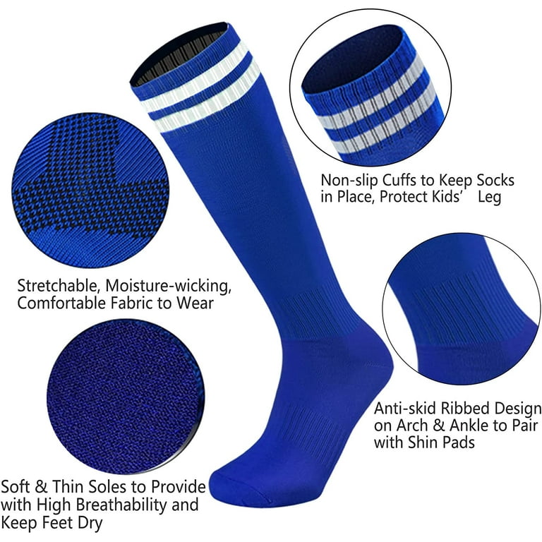 6 Pairs Kids Youth Striped Knee-High Soccer Socks - Tube Football Athletic Socks For Boys & Girls - Cushioned Running & Sports Socks