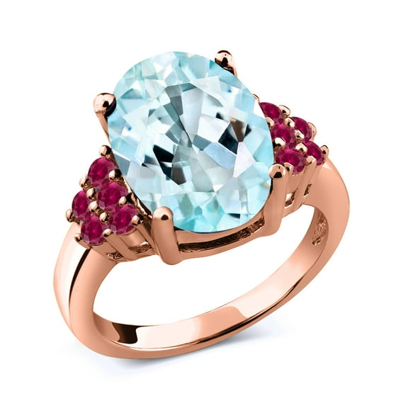 Gem Stone King 6.68 Ct Oval Sky Blue Topaz Red Created Ruby 18K Rose Gold Plated Silver Ring (Size 8)