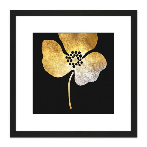 Gold on Black Metallic Effect Foil on Black Style Single Flower Floral Painting Square Wooden Framed Wall Art Print Picture 8X8 Inch
