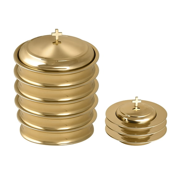 Communion Ware 5 Holy Wine Serving Trays with a Lid & 3 Stacking Bread Plates with a Lid - Stainless Steel (Brass/Gold Shiny)