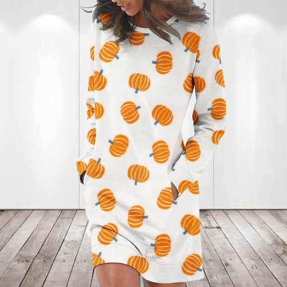 TopLLC Long Sleeve Round-Neck Dress Women's Fashion Long Sleeve Print Round-Neck Ladies Holiday Outing Long Dress Women Dress