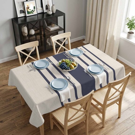 Navy Blue Stripes Rectangle Tablecloth 60x84 Inch Vertical Striped Lines Linen Waterproof Polyester Table Cover, Washable Stain Resistant Tablecloth for Dining Table Kitchen Wedding
