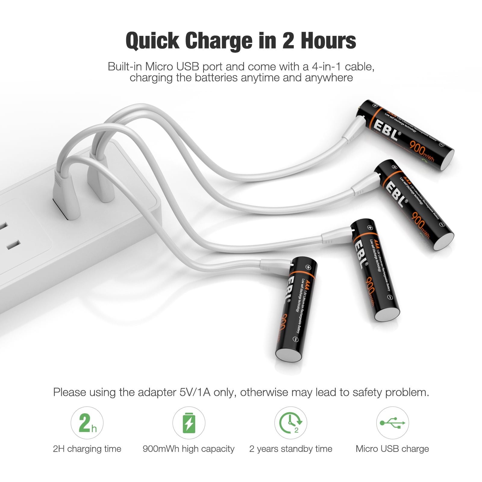 EBL Rechargeable AAA Batteries (8 Pack), 1.5V USB Rechargeable Lithium Triple a Batteries