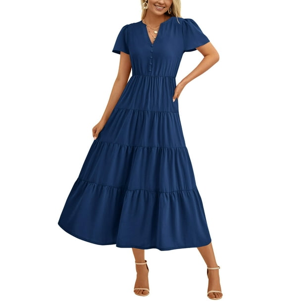 Vestido PRETTYGARDEN para mujer, midi, casual, con cuello en V y bolsillo