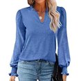 thumbnail image 1 of Blusa con volantes, manga abullonada, cuello en V, manga larga, color puro, tops de moda para mujer, 1 of 5