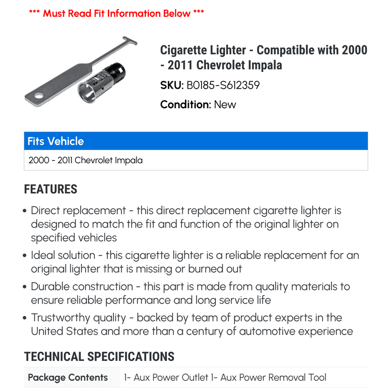 2004 chevy impala cigarette lighter replacement 2000-2011 Chevrolet Impala Cigarette Lighter Dorman 00-11 Chevrolet Cigarette Lighter 2008 2010