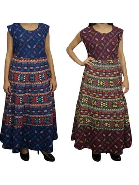Mogul 2 Women's Bohemian Blue Maroon Cotton Maxi Dress Sleeveless Boho Style Long Dresses L
