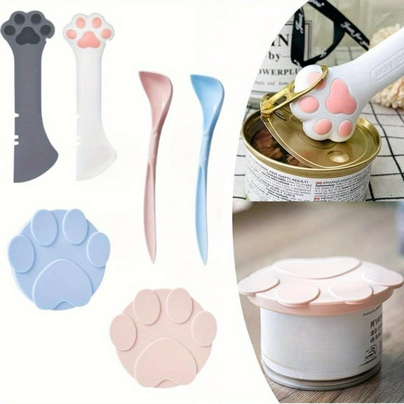 [Tools & Hardware] A Set of 6 Pcs Pet Food Can Supplies Kits,Including 2 Universal Silicone Can Covers Cat Can Lids,2 Multifuctional Mini Spatula Pet Can Opener and 2 Dog Spoons for Pets Feeding Can