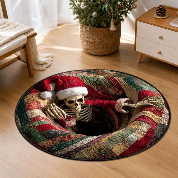 3D Illusion Christmas Round Rug, Optical Vortex Hole Effect Quilted Patchwork Floor Mat, Skeleton Santa Decorative Carpet, Non Slip Printed Xmas Rug for Living Room, Fireplace and Christmas Tree
