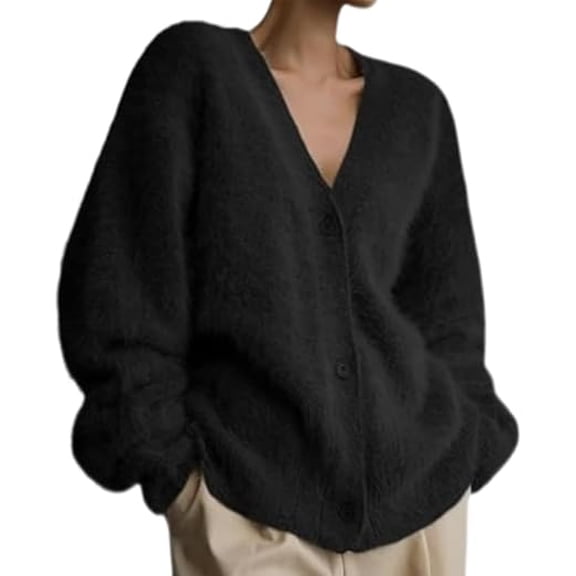 Women's Fuzzy Knit Cardigan: V Neck Long Sleeve Button Down Slouchy Furry Knit Sweaters Cardigans Outwear
