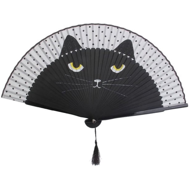 Abanico plegable de seda de bambú con abanico de mano con diseño de gato