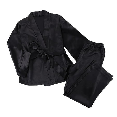 

Silky Satin Pajamas for Women Long Sleeve V-Neck Belted Robe Top with Wide Leg Pants 2 Piece Lounge Sets Soft Sleepwear