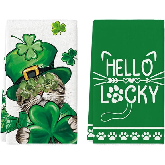 Cat Shamrock St. Patrick''s Day Kitchen Towels Dish Towels, 18x26 Inch Hello Lucky Seasonal Spring Decoration Hand Towels Set of 2