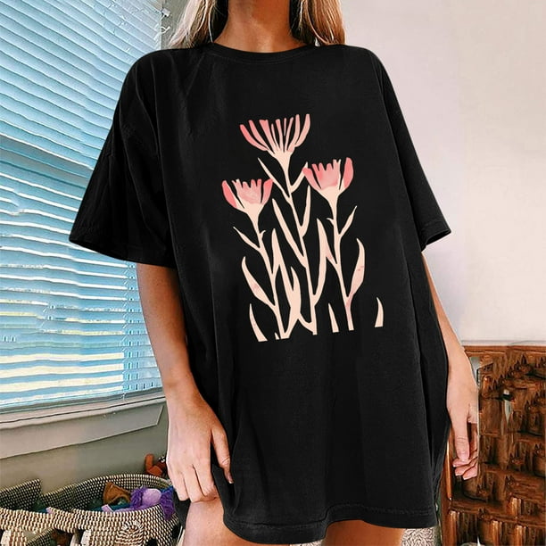 Fiudx Camisas de Mujer Camisetas Informales con Estampado de Flores para Mujer, Camisetas Extragrandes de Manga Corta